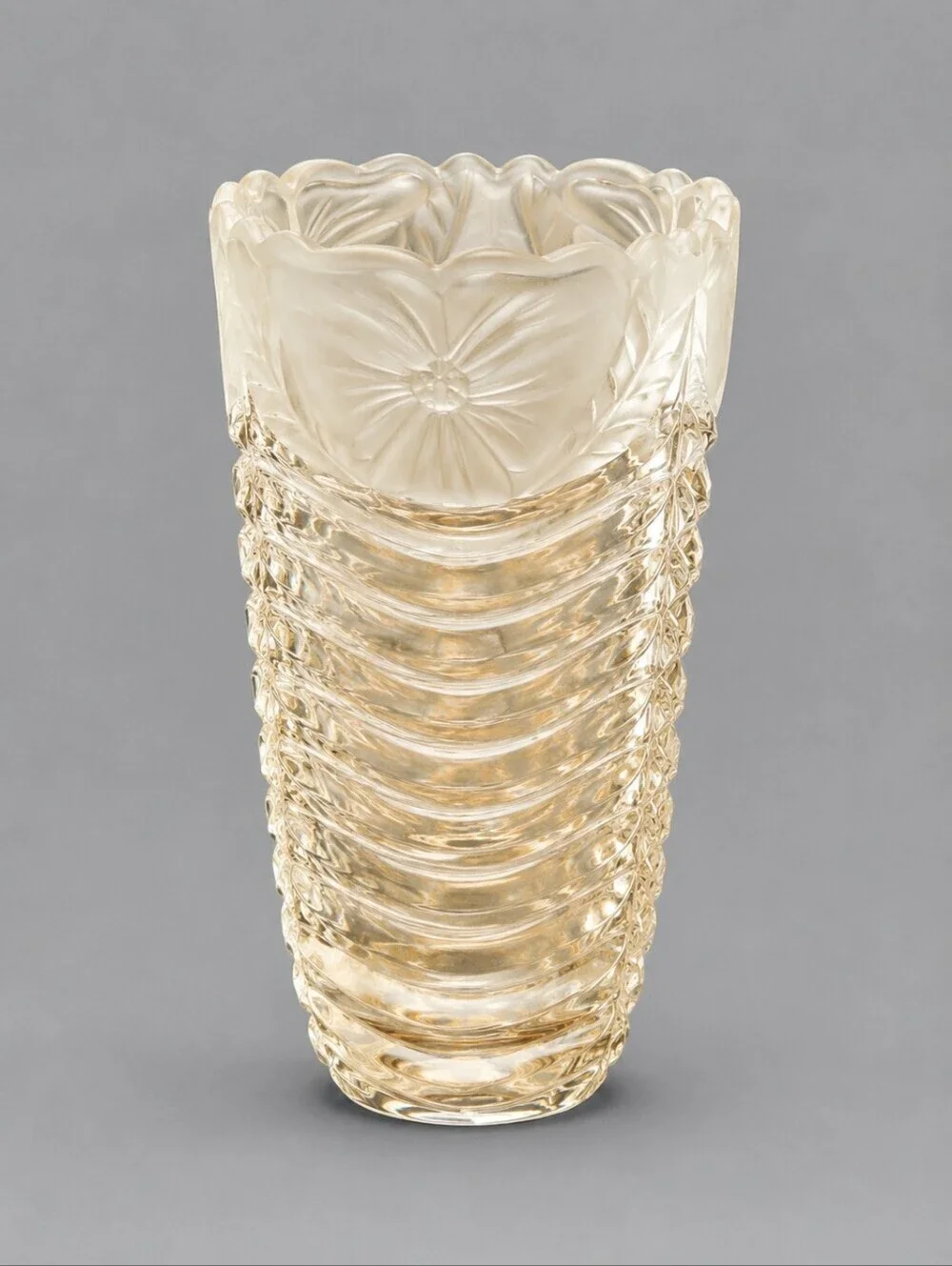 VTG Floral Frosted Leaded Crystal Ripple Cut Vase